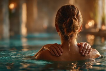 Fototapeta premium A serene moment: Woman relaxing in a luxurious spa pool, enjoying the warm, soothing water and the peaceful ambiance of the spa environment.