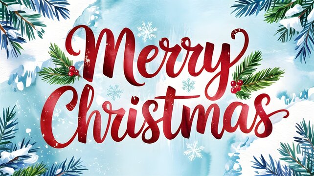 Merry Christmas typography, festive holiday background with red text, pine needles, holly, snowflakes, cozy winter celebration, New Year, illustration, watercolor art