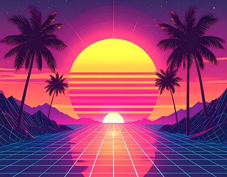 Synthwave landscape with a neon sun and palm trees silhouetted