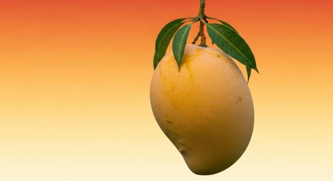Studio shot of a ripe Alphonso mango fruit hanging from the branch