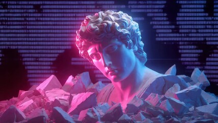Neon lit classical statue with digital glitch background vaporwave cyber aesthetic mix of ancient art and futuristic technology - Powered by Adobe