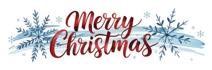 Merry Christmas typography with elegant red script lettering, accented by festive winter blue watercolor elements, snowflakes, and holiday illustrations. A cheerful seasonal background for cards, b