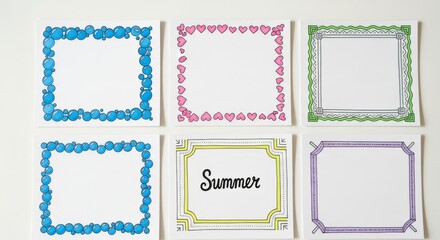 Hand-Drawn Journal Borders on White Paper, Summer-Themed Doodle Frames with Hearts, Bubbles, and Wavy Lines for Notebook Design