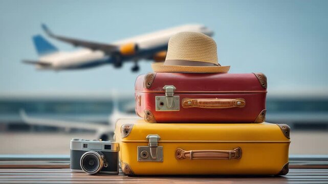 Vintage suitcases hat and camera at airport with airplane taking off travel concept vacation preparation holiday adventure tourism luggage and flight background