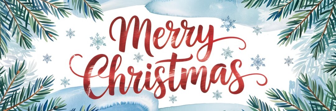 Merry Christmas typography with festive red script, framed by watercolor pine branches, blue snowflakes, and winter accents. Perfect holiday background, celebration banner, cozy greeting card desig