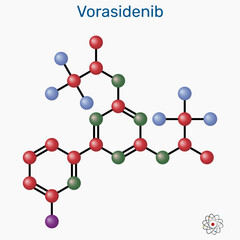 Vorasidenib molecule. Used to treat certain types of brain tumours in selected patients with genetic mutations. Molecular model. Vector Illustration