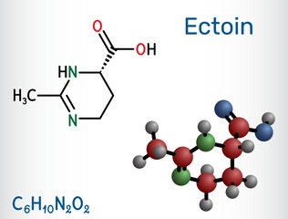 Ectoin molecule. Extremolyte osmoprotectant for skincare hydration, barrier and UV protection, nasal and eye spray soothing in allergy care. Vector illustration