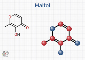 Maltol E636 molecule. Flavour enhancer and aroma compound. Sheet of paper in a cage. Molecular model. Vector Illustration