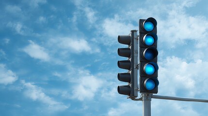 Traffic signal contrasts a bright blue, cloudy sky. Ample blank space available. Urban traffic management via streetlights against a clear backdrop. Perfect for adding your message or design