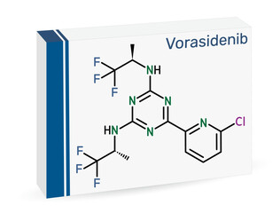 Vorasidenib molecule. Used to treat certain types of brain tumours in selected patients with genetic mutations. Skeletal chemical formula. Paper packaging for drugs. Vector illustration