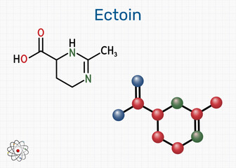 Ectoin molecule. Extremolyte osmoprotectant for skincare hydration, barrier and UV protection, nasal and eye spray soothing in allergy care. Sheet of paper in a cage. Vector Illustration