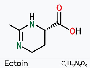 Ectoin molecule. Extremolyte osmoprotectant for skincare hydration, barrier and UV protection, nasal and eye spray soothing in allergy care. Vector illustration