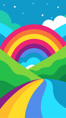 Vibrant rainbow arcs over rolling green hills with a colorful path leading towards the horizon