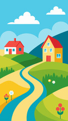 Charming cartoon houses on rolling green hills with a winding blue stream and path