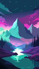 Vibrant mountain landscape with a winding river under a colorful starry sky