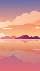 Serene abstract landscape with purple mountains reflecting in calm water at sunset