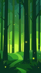 Enchanting forest path with glowing fireflies at twilight