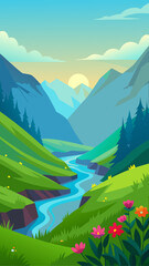Vibrant cartoon valley landscape with a winding river and colorful flowers
