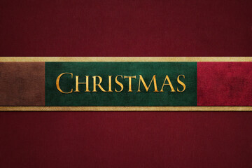Luxurious Christmas background featuring gold "CHRISTMAS" text on textured burgundy, green, red fabric with golden trim. Horizontal banner. Copy space, for ads, web headers, posters, seasonal branding