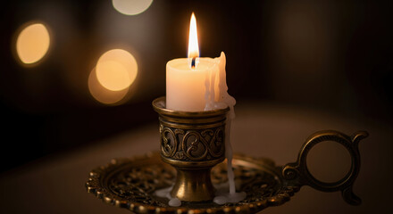 Lit candle with dripping wax in a vintage brass candlestick. A cozy, nostalgic atmosphere with a warm, dark background and bokeh lights.