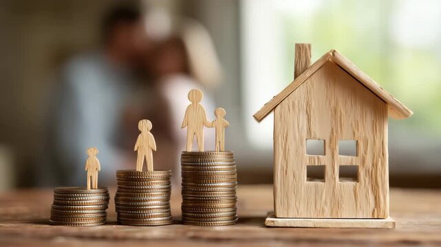 Wooden house model and family figures on stacked coins concept of home savings real estate investment mortgage financial growth family budget housing finance property planning