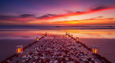 Romantic beach proposal setup at sunset with a path of rose petals and candle lanterns leading to the ocean.