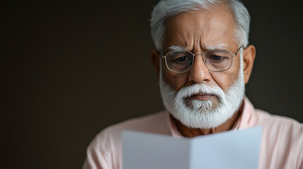Senior man with glasses, furrowed brow, deeply engrossed in reading a document. Gray hair and beard highlight his focused expression. Dark, neutral backdrop enhances the mood.