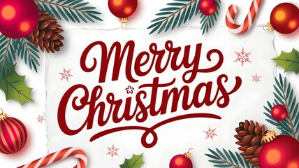 Merry Christmas typography background, festive red text, green pine branches, shiny ornaments, pinecones, candy canes, holly leaves, snowflakes, holiday celebration, cozy winter vibes, joyful seaso