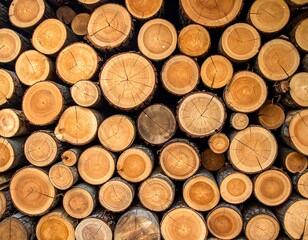 A close-up view showcasing the end-grain of various wooden logs stacked compactly. The color ranges from light beige to brown