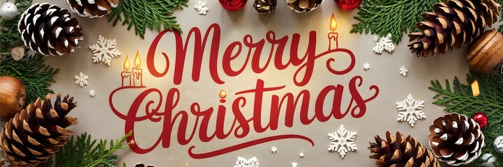 Festive Merry Christmas typography with glowing candles, pinecones, evergreen branches, snowflakes, and holiday decorations, warm cozy winter celebration background