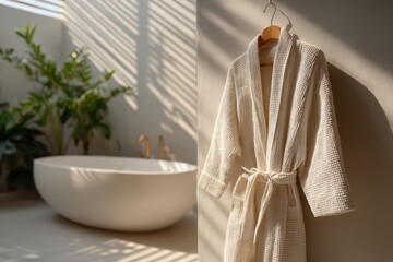 A waffle-knit bathrobe hangs in a tranquil, sunlit modern bathroom.