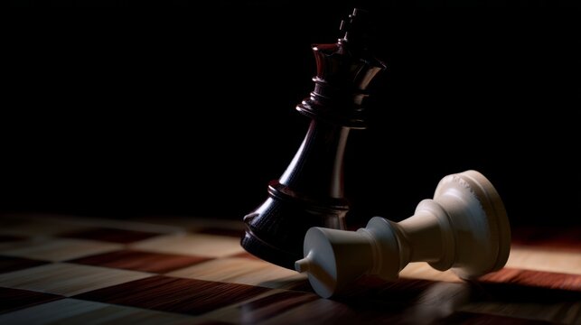 checkmate. Black chess queen piece knocking over white king on a wooden chessboard. lifestyle magazines, social media lookbooks, designed for lifestyle magazines and social media content.
