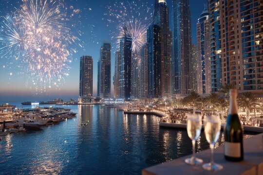 Festive fireworks illuminate a modern city skyline with champagne toast.