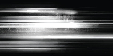 Dynamic black and white horizontal streak pattern with bright light, ideal for tech backgrounds or motion graphics design.