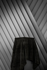 Abstract geometry cube podium with fabric for product presentation, dark diagonal background; winners platform, 3d render, 3d illustration