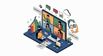 People connecting online through video conference on a large screen