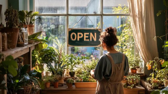 Woman standing in cozy plant shop looking at open sign small business concept sustainable lifestyle local store atmosphere