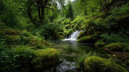 Obraz premium A lush green forest with a small stream running through it. The water is clear and calm, and the surrounding vegetation is dense and thriving. The scene is peaceful and serene