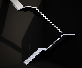 White stairs against dark walls; abstract architectural scene; minimal design elements; ascend to ambition; 3d rendering, 3d illustration