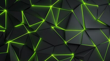 Black geometric 3D polygon surface with glowing green neon lines - Powered by Adobe