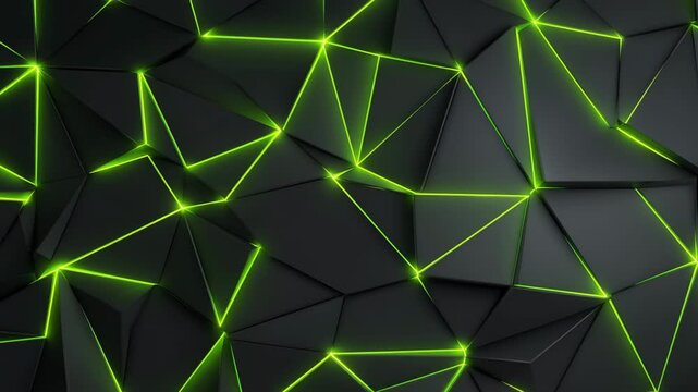 Black geometric 3D polygon surface with glowing green neon lines
