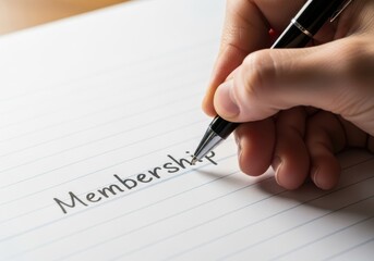 Close-up of a hand writing the word 'membership' on a white paper with a pen