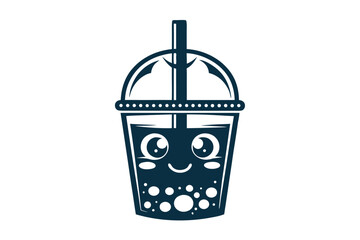 Cute navy blue boba tea cup character smiles on a white background