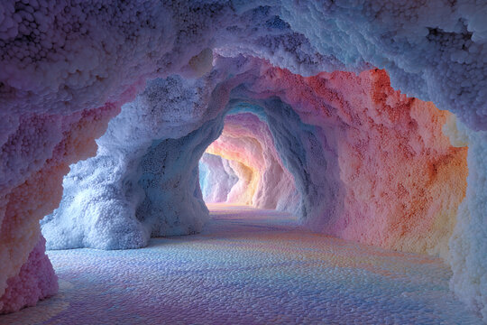 Surreal luminous cavern with iridescent walls and soft cotton candy-like textures. - Powered by Adobe