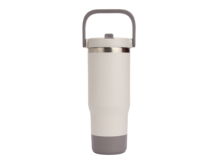 White insulated tumbler with handle isolated on transparent background