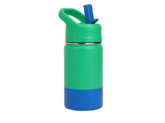 Green and blue water bottle with straw isolated on transparent background