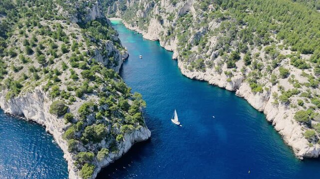 Calanques National Park is a French national park located on the Mediterranean coast, Southern France. Aerial view