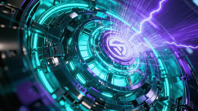 Futuristic Sci-Fi Power Core Activates with Pulsating Neon Lights and Electric Energy.