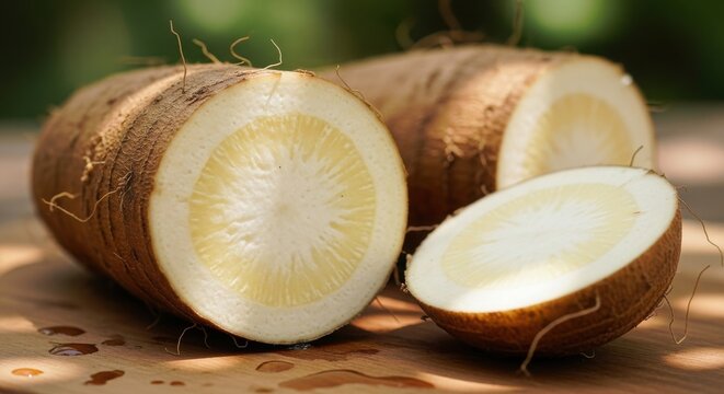 Whole and sliced burdock root on a wooden surface, showcasing its fibrous texture and earthy appearance