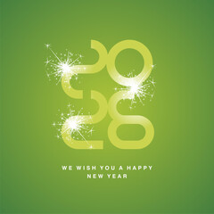 2026 typography logo design concept. Happy New Year 2026 light white green ultra modern design numbers typography with sparkle fireworks label icon logo button